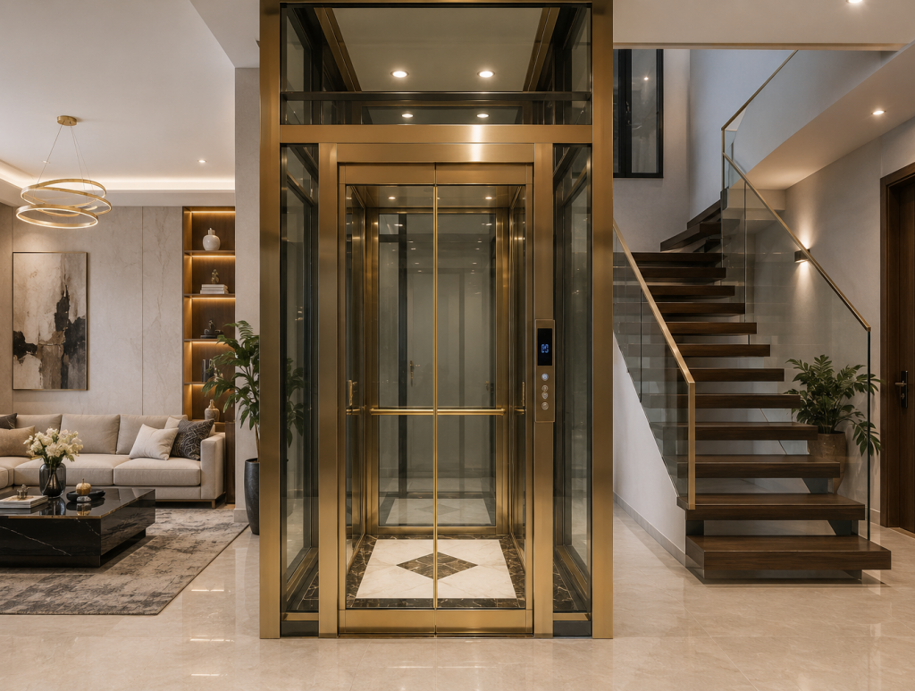 Cabin thang máy gia đình kết hợp với nội thất nhà phố/biệt thự.