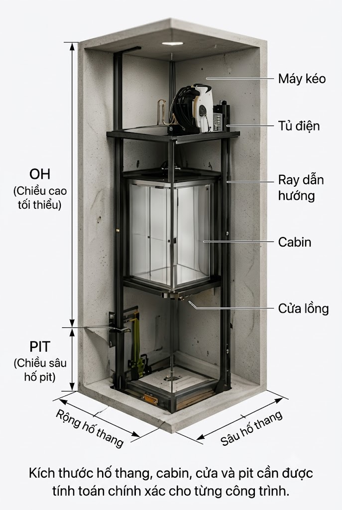 Sơ đồ minh họa hố thang, cabin, cửa, PIT và OH.