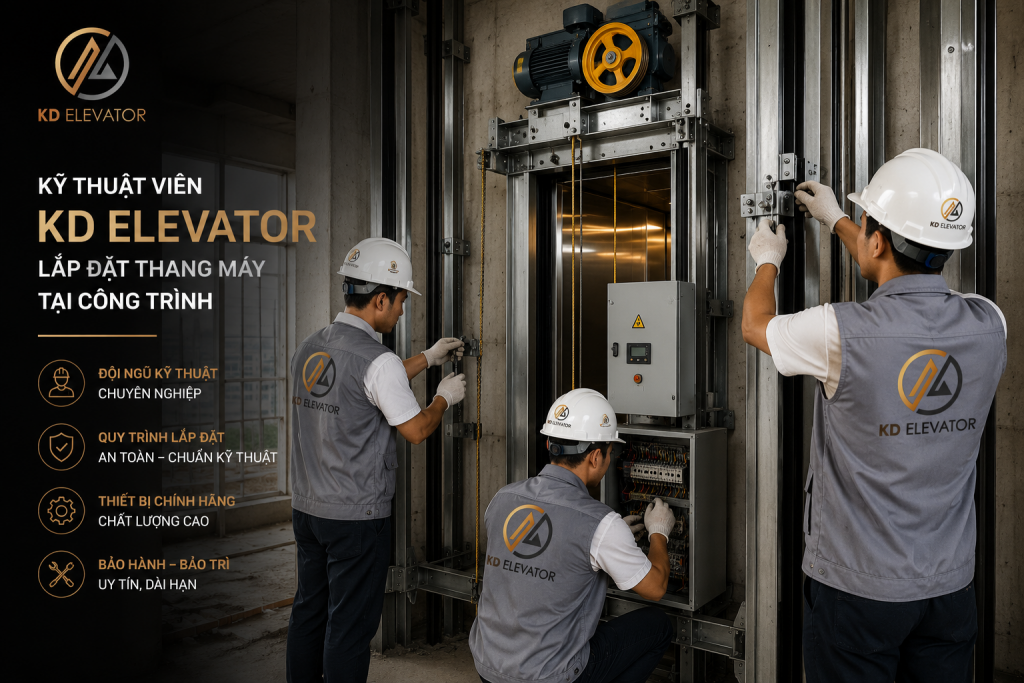 Kỹ thuật viên KD Elevator lắp đặt thang máy tại công trình.